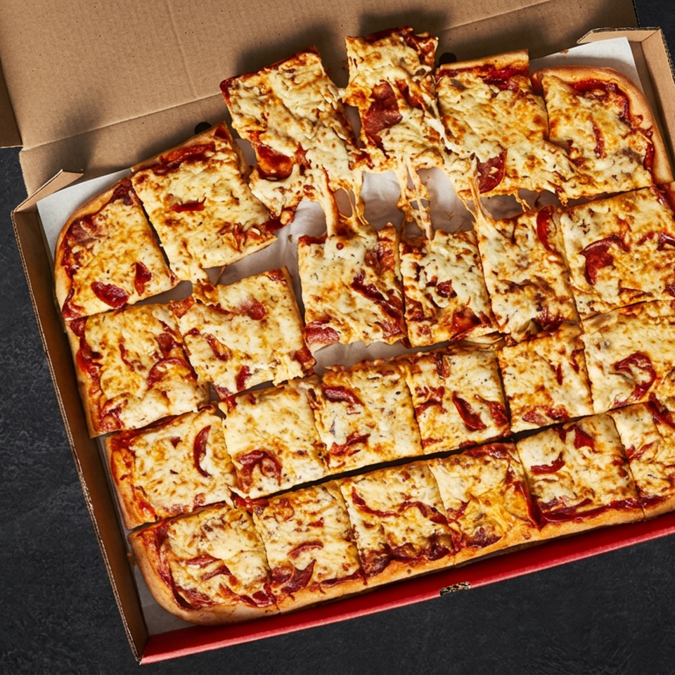Open pizza box filled with rectangular slices of cheesy pepperoni pizza on a dark tabletop.