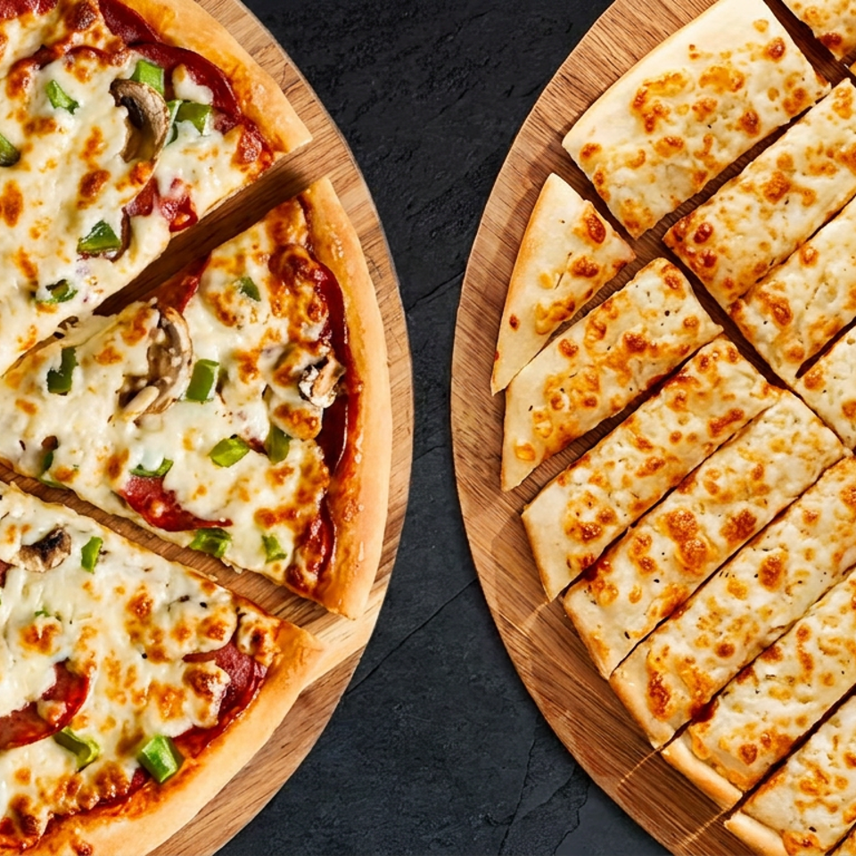 Two wooden plates display sliced vegetable pizza and golden cheesy breadsticks on a dark tabletop.