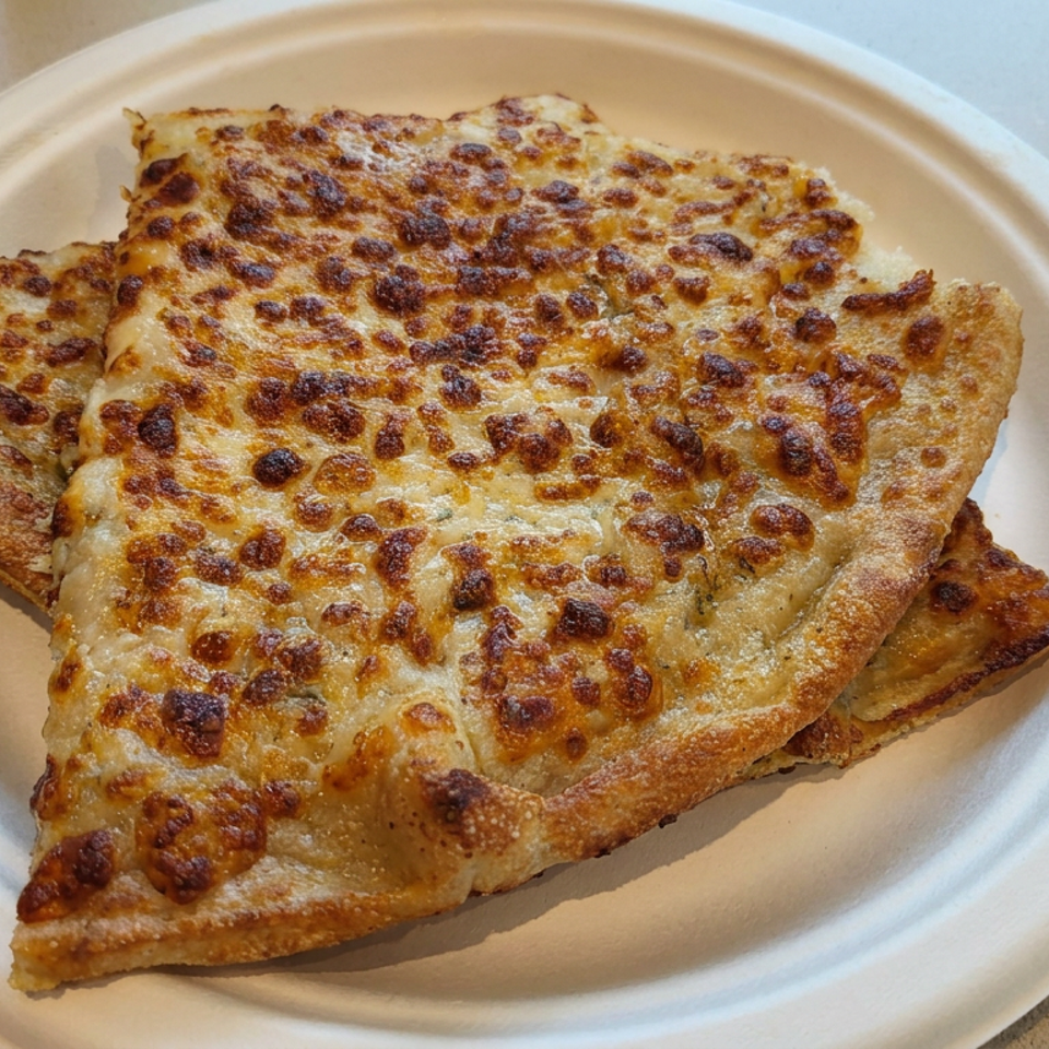 Several triangular slices of golden-brown, cheese-topped pizza arranged on a white plate.