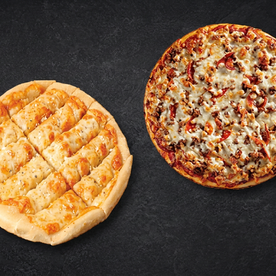 Two pizzas on a dark slate surface: one topped with cheese strips and the other with melted cheese, sausage, and pepperoni.