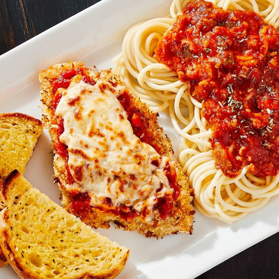 Breaded chicken Parmesan with melted cheese, spaghetti in tomato sauce, and toasted garlic bread on a white plate.