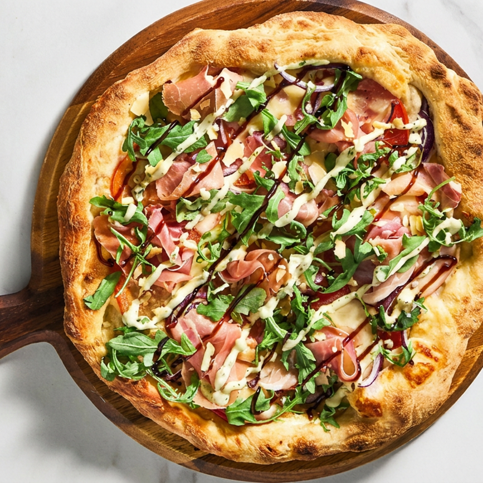 Overhead view of a wood-fired pizza topped with prosciutto, arugula, tomatoes, cheese, and balsamic drizzle on a wooden serving board.