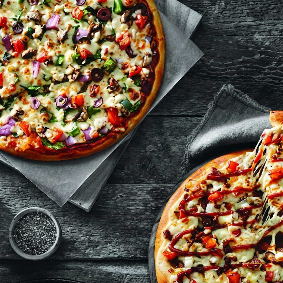 Two cheesy vegetable pizzas sit on a rustic wooden table, with one slice lifted to reveal stretchy melted cheese.