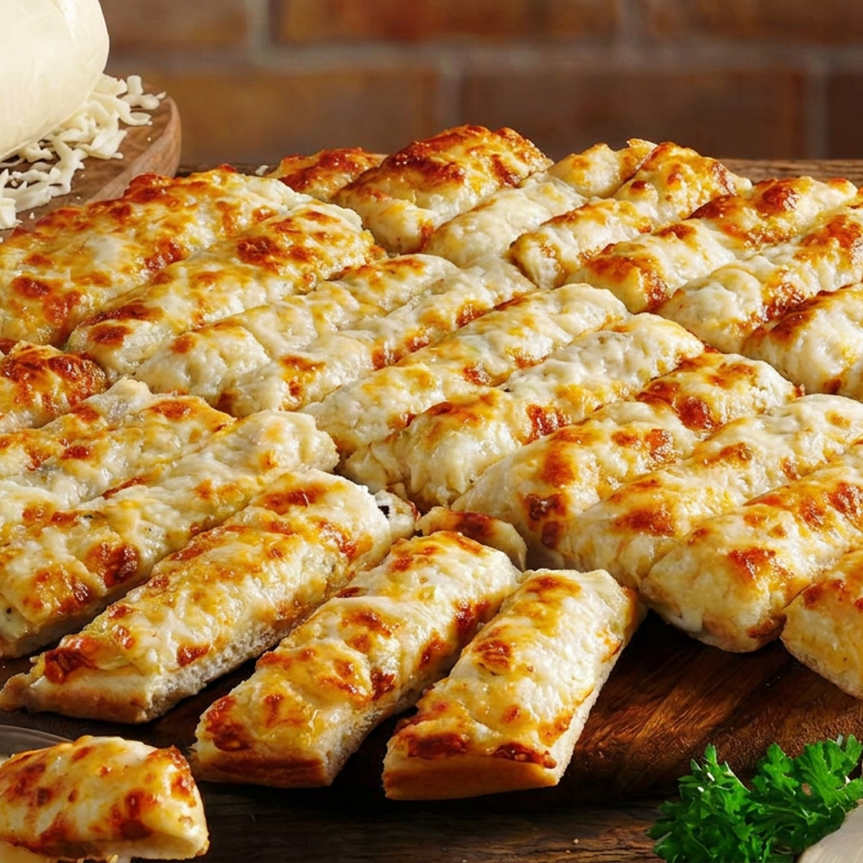 Golden-brown cheesy breadsticks arranged on a wooden serving board with garlic, parsley, shredded cheese, and dipping sauce.