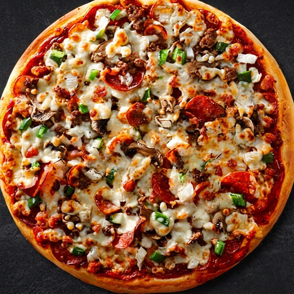 Loaded pepperoni pizza topped with melted cheese, mushrooms, green peppers, onions, and crumbled meat on a dark surface.