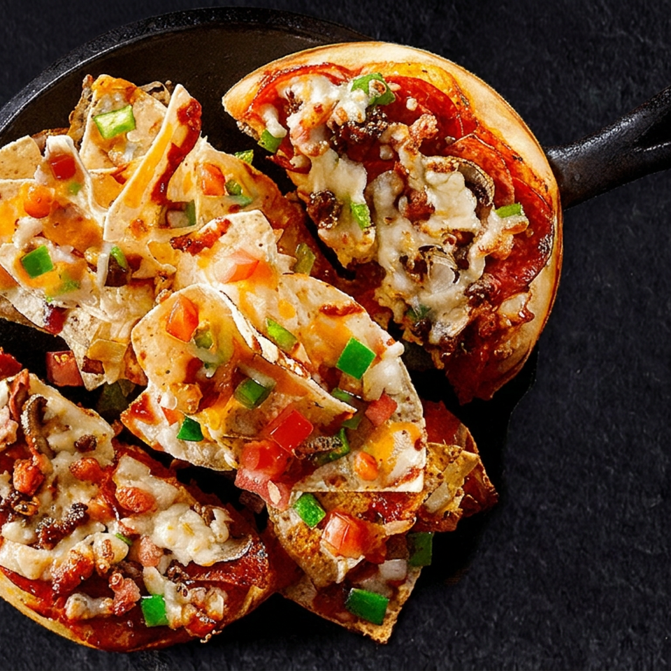 Pizza Delight pizzas and loaded nachos with melted cheese, vegetables, and toppings arranged in a black skillet.