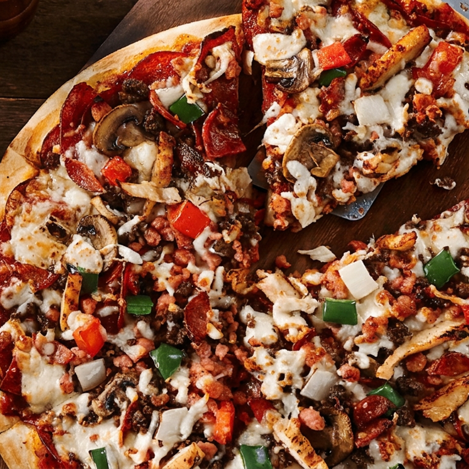 Loaded pizza topped with melted cheese, pepperoni, mushrooms, peppers, onions, sausage, and chicken on a wooden serving board.