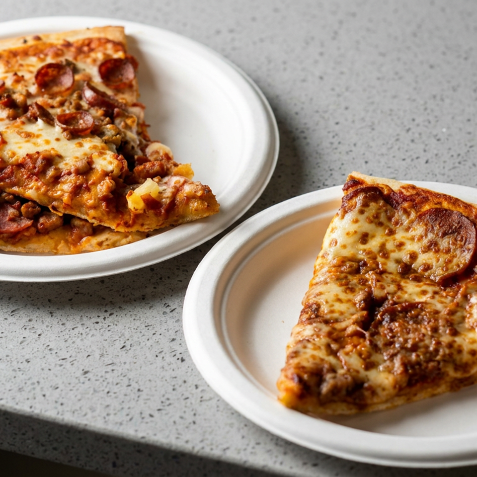 Slices of pepperoni and sausage pizza served on two white plates atop a gray speckled countertop.