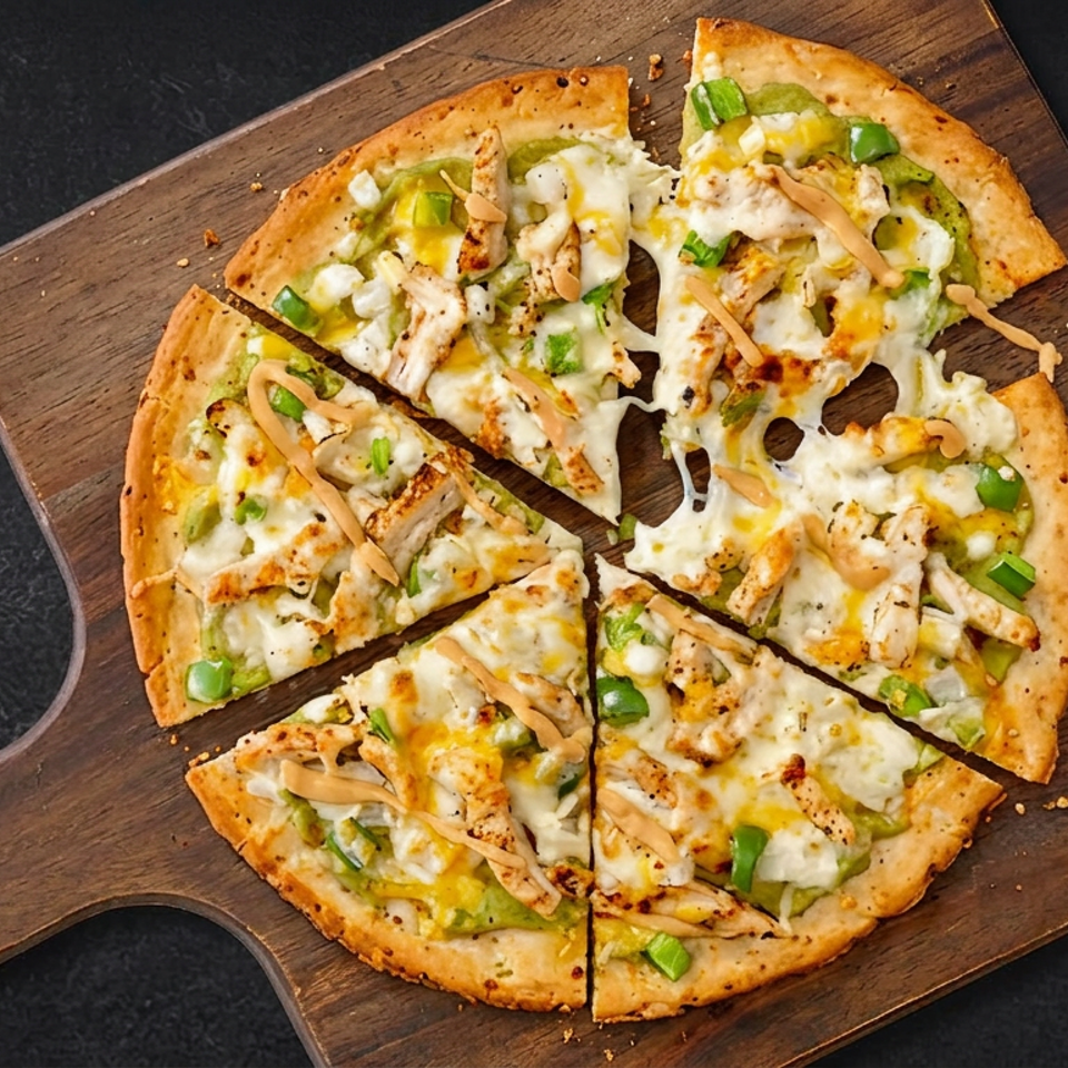 Sliced chicken and green pepper pizza topped with melted cheese on a wooden serving board.