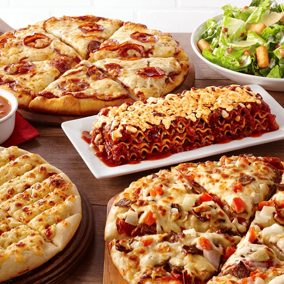 Assorted pizzas, lasagna, garlic bread, marinara sauce, and Caesar salad arranged on a wooden table.