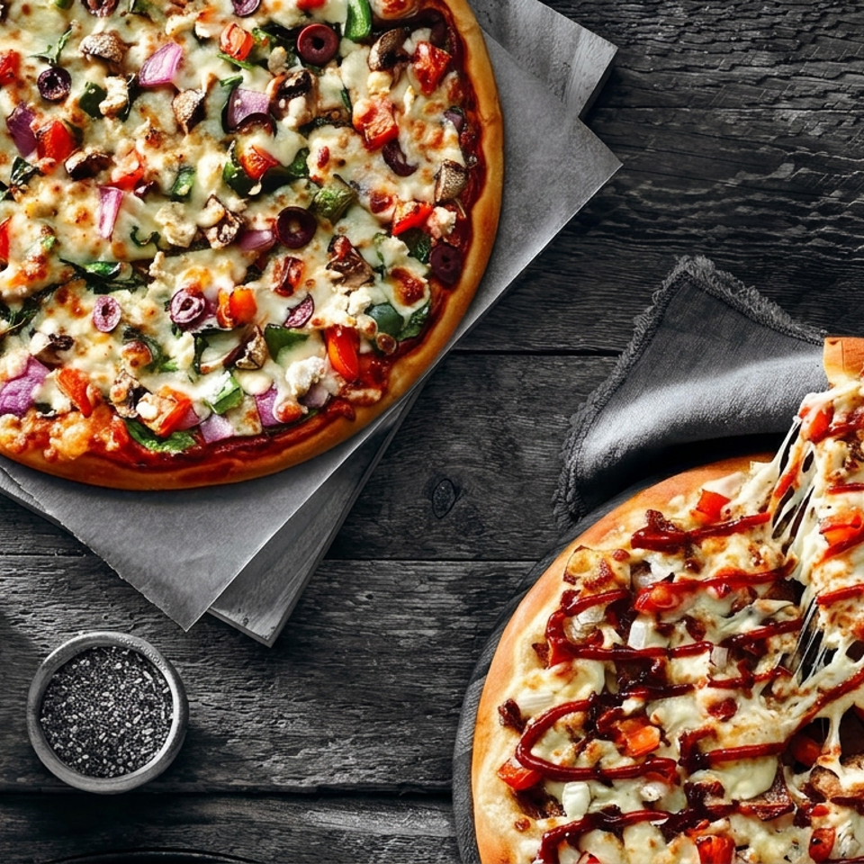 Two pizzas on a rustic wooden table, one topped with vegetables and olives, the other drizzled with sauce and served with a lifted slice.
