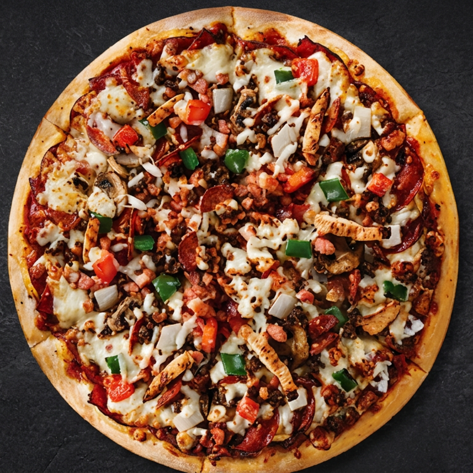 Overhead view of a loaded pizza with melted cheese, pepperoni, sausage, mushrooms, peppers, onions, and tomatoes on a dark surface.