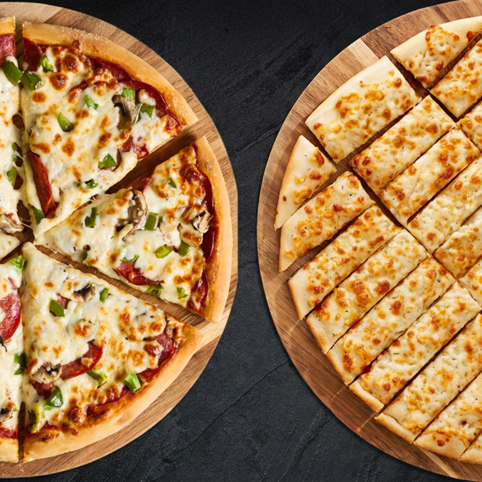 Two wooden platters hold sliced vegetable pizza with melted cheese and golden toasted breadsticks on a dark tabletop.