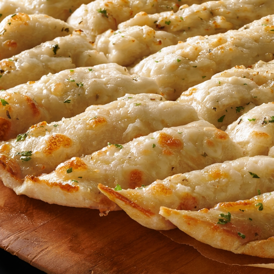 Cheesy garlic breadsticks sprinkled with herbs, arranged on a wooden serving board for Pizza Delight.
